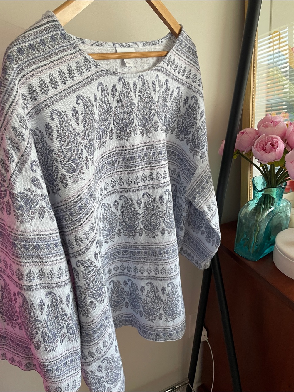 Light blue, medium blue with lines of pink Paisley Knit Top